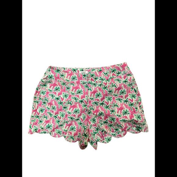 CROWN and IVY Womens Scalloped Shorts Pink And White W/palm Trees - Picture 1 of 3